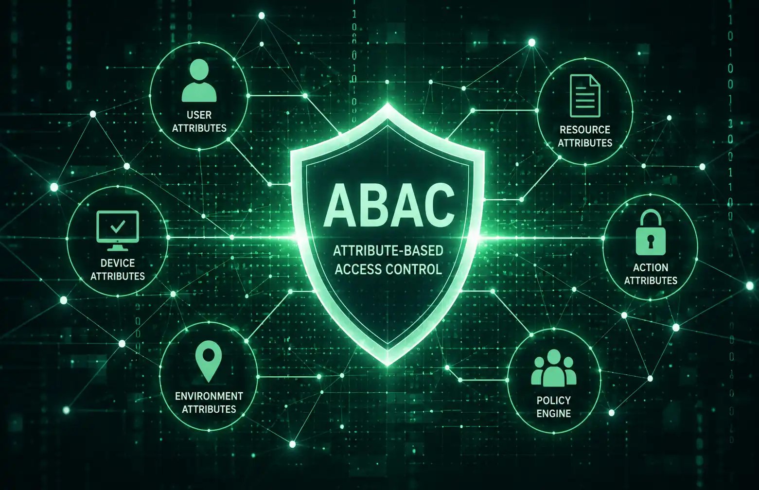Illustration of Attribute-Based Access Control (ABAC) showing a central security shield connected to user, device, resource, environment, action and policy attributes within a secure digital network.